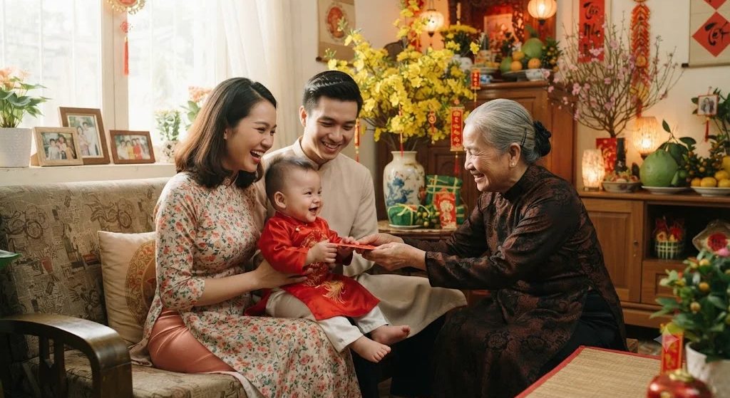 Gia đình Việt ngày Tết, ba mẹ bế em bé mặc áo dài đỏ, bà mỉm cười trao phong bao lì xì cho bé bên bình hoa mai vàng