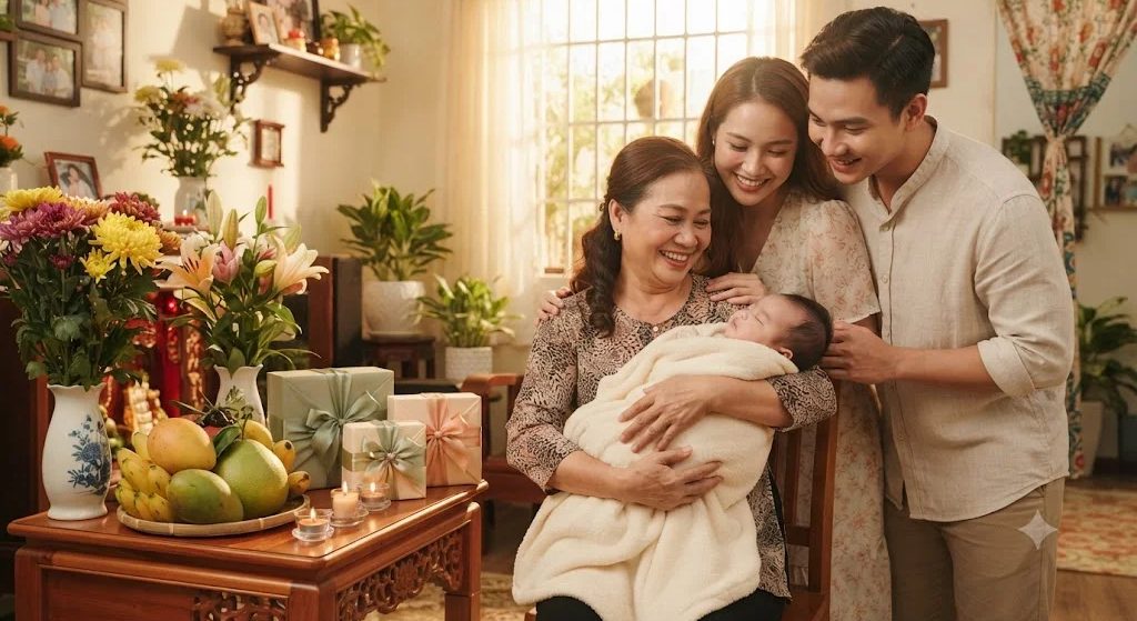 Bà ngoại bế em bé sơ sinh trong ngày đầy tháng, ba mẹ đứng bên cạnh, bàn có hoa quả và hộp quà