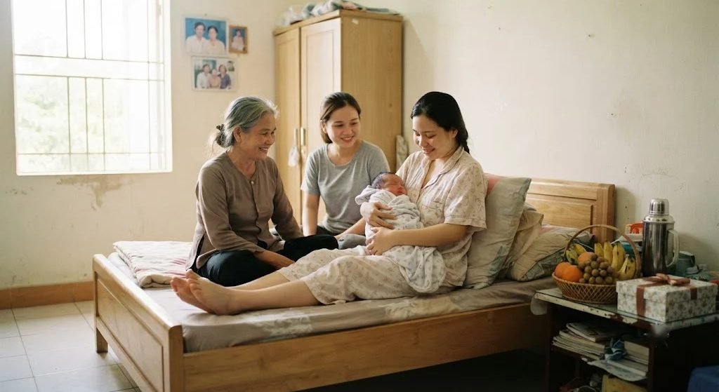 Người mẹ Việt sau sinh bế em bé sơ sinh trên giường, bà và bạn ngồi cạnh mỉm cười, bên bàn có giỏ trái cây và hộp quà