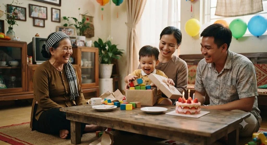 Gia đình Việt quây quần quanh bàn gỗ, bé hai tuổi ngồi trong lòng mẹ mở hộp quà sinh nhật