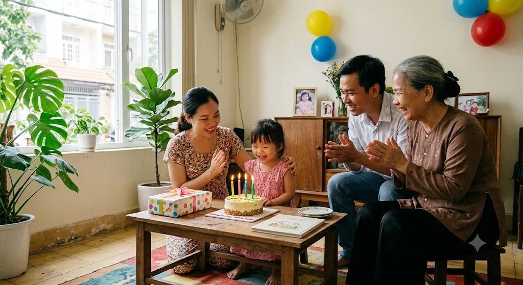 Gia đình Việt quây quần bên bàn gỗ, bé ba tuổi cười nhìn chiếc bánh sinh nhật cắm nến