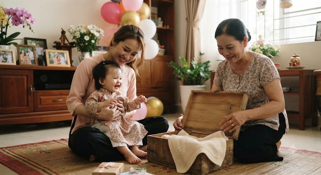 Bà ngoại mở hộp gỗ đựng chăn len tự đan tặng cháu một tuổi, mẹ bế bé ngồi trên chiếu trong ngày thôi nôi