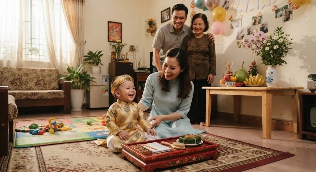 Gia đình Việt quây quần bên em bé một tuổi ngồi trên thảm trong ngày thôi nôi, cạnh mâm đồ chơi nhỏ